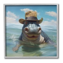 Stupell Industries Hippo with Trendy Hat Animals & Insects Painting Gray Framed Art Print Wall Art, 24 x 24