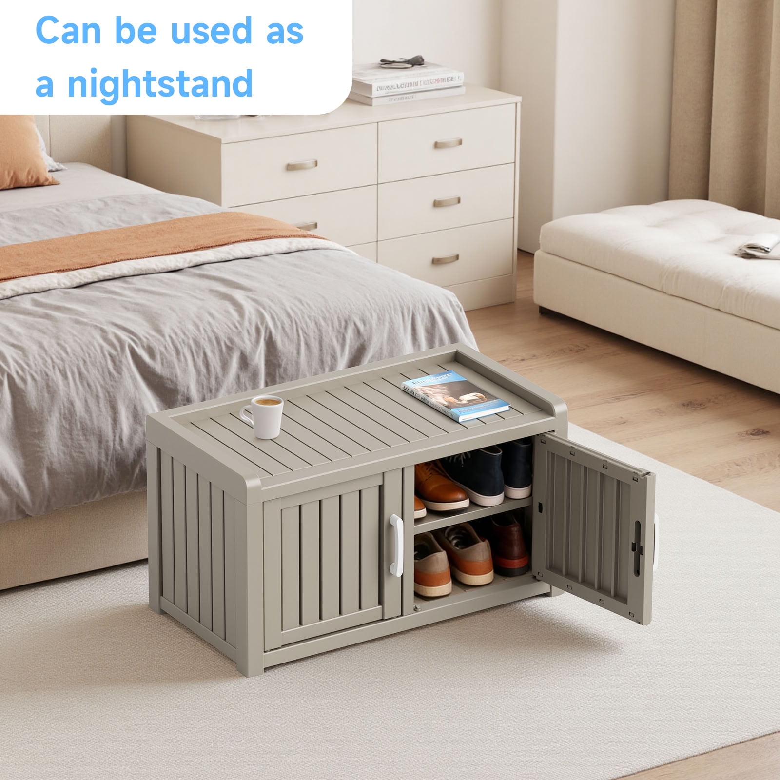 MAYEERTY Two-Door Mini Entry Shoe Storage Cabinet, Weatherproof Shoe Organizer with Removable Layers