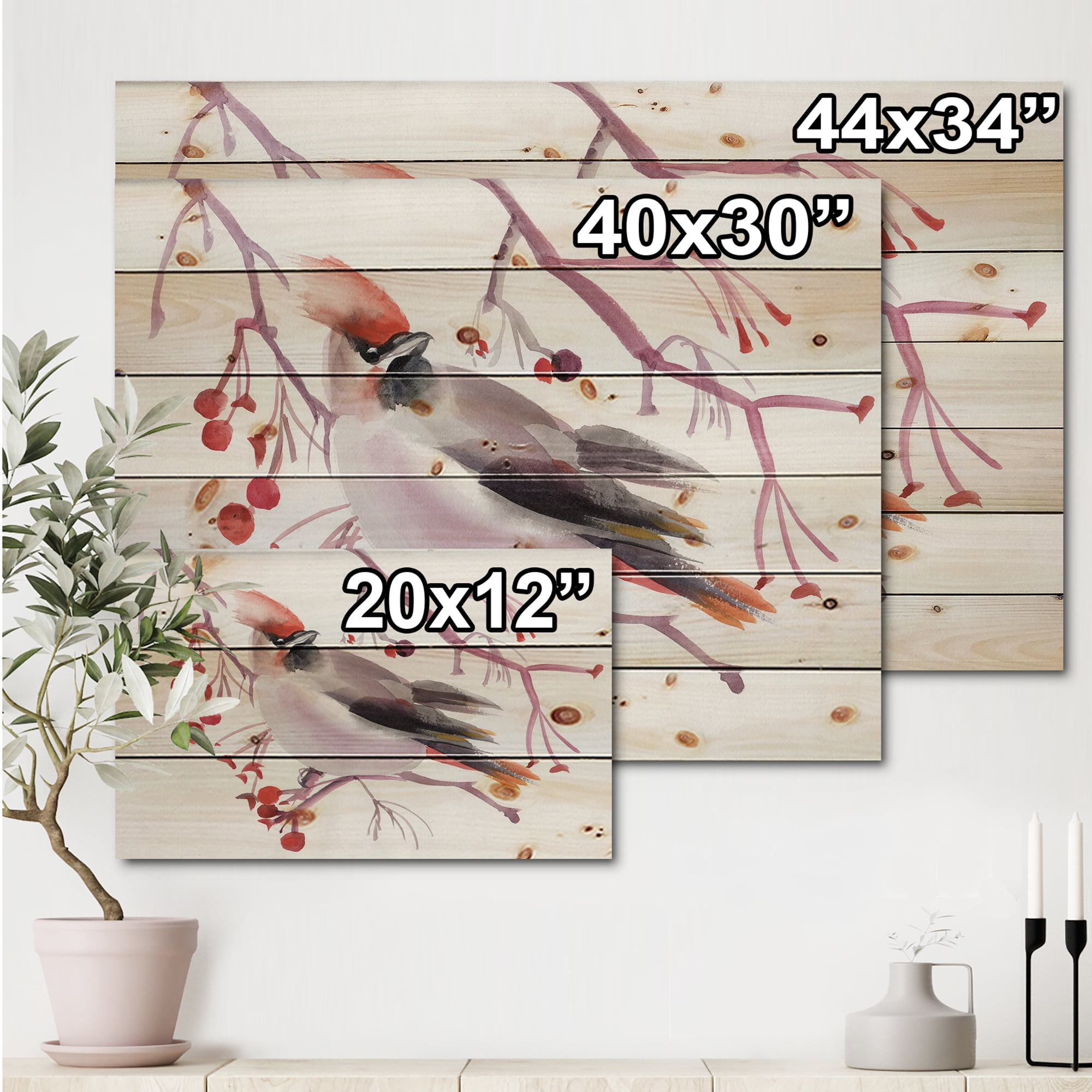 Designart 'Waxwing Bird Sitting On A Branch' Traditional Print on Natural Pine Wood