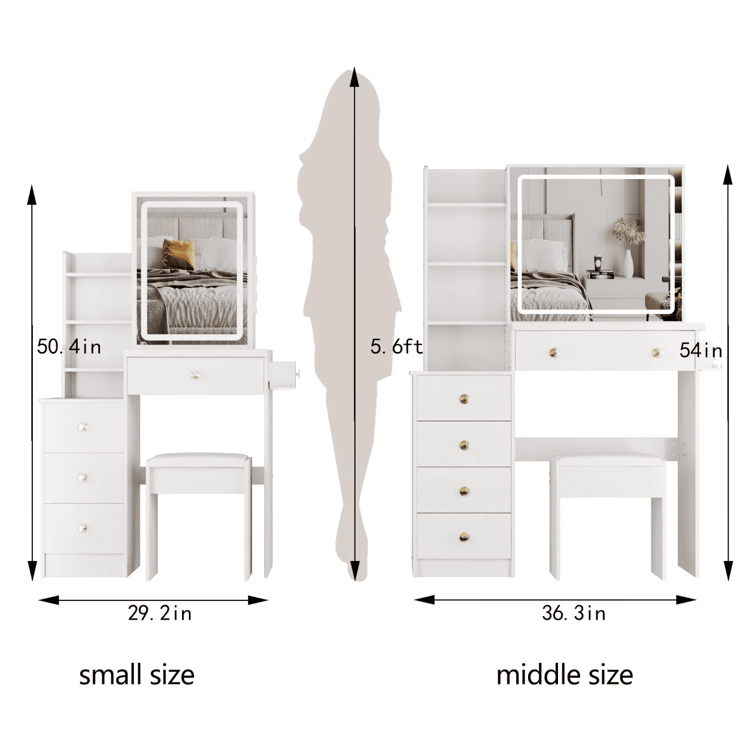 Space-Saving 29.2" Vanity Table with 2 AC+2 USB Ports, Triple Color LED Mirror, and Cushioned Stool – Ideal for Small Spaces & Morning Routines, White