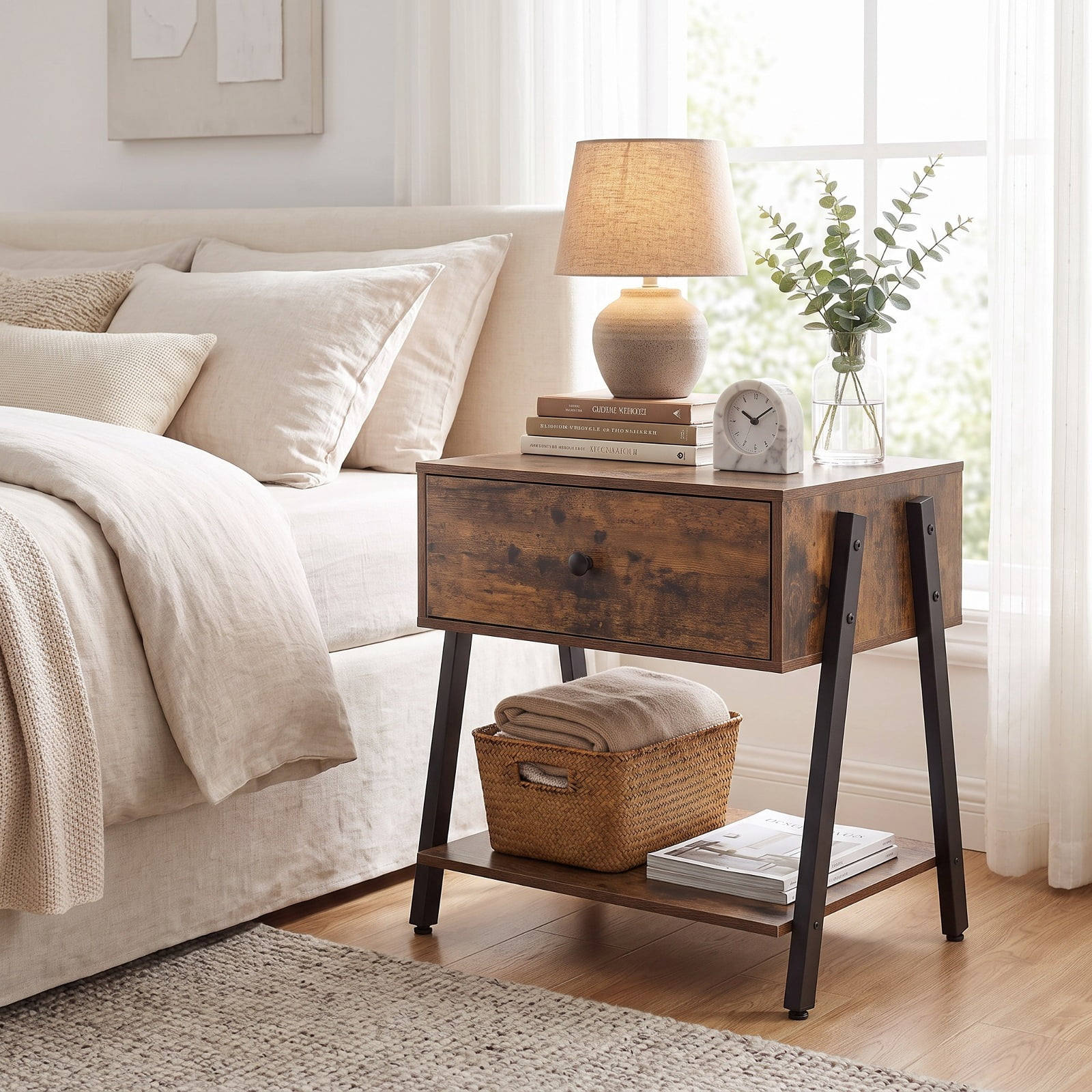 Furnibear Industrial Nightstand with Drawer and Adjustable Foot Pads for Bedroom for Bedroom Living Room Bedside Sofa Side Small Space, Rustic Brown