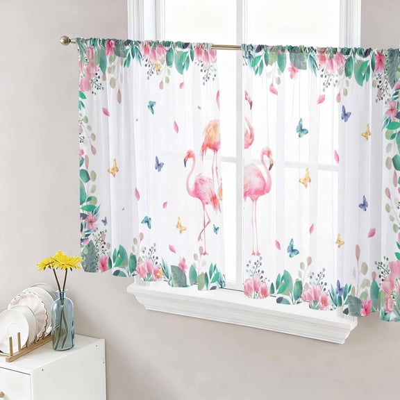 Pink Flamingo Sheer Curtains 45 Inch Length 2 Panels Set, Tropical Botanical Summer Butterfly Flower Voile Window Treatment Rod Pocket Small Kitchen Curtains Drapes for Bedroom 52"x45"x2
