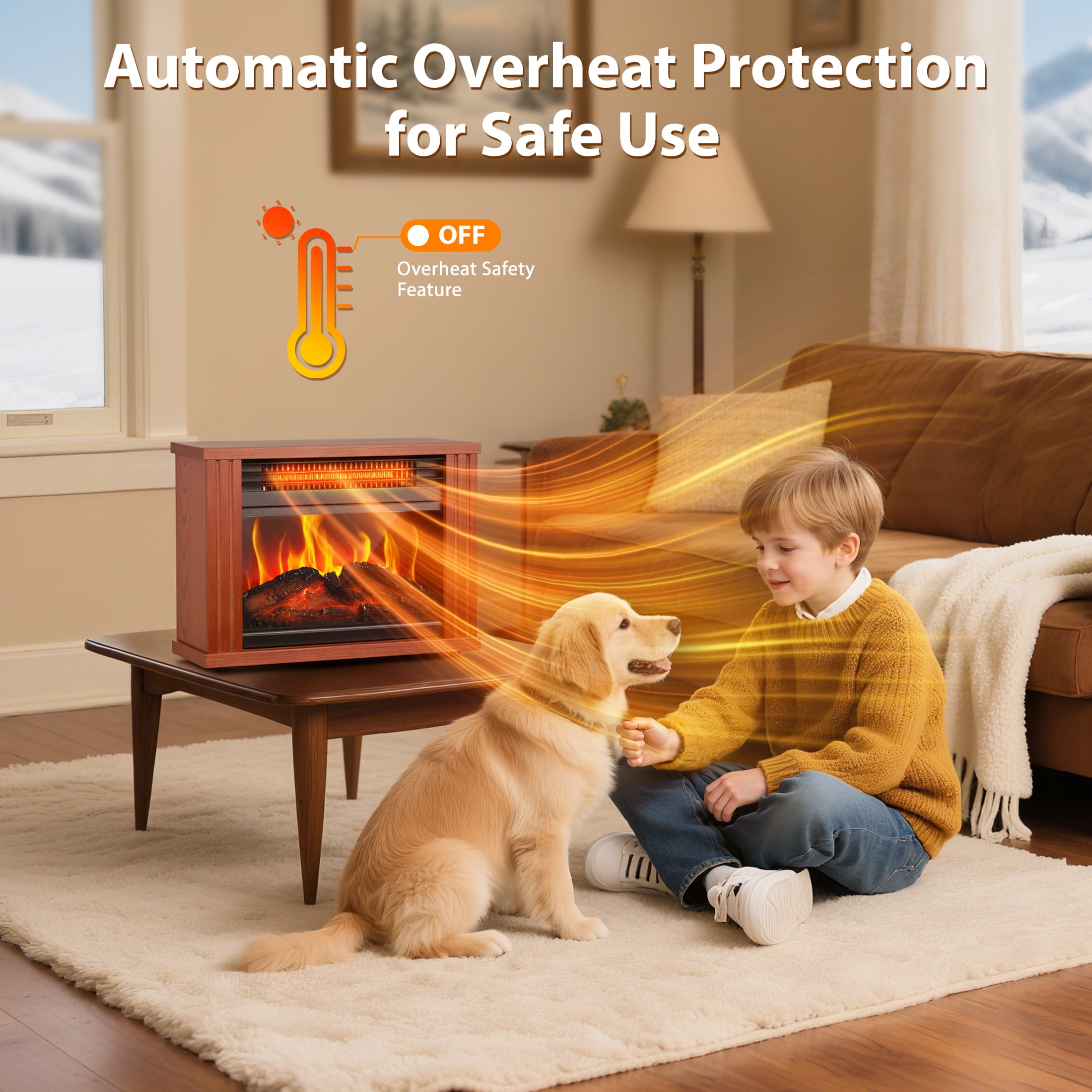 LifePlus Small Electric Fireplace Heater Tabletop 13.5" Energy Efficient Indoor Fireplace Space Heater Portable Wood Cabinet 3D Flame for Home Decor
