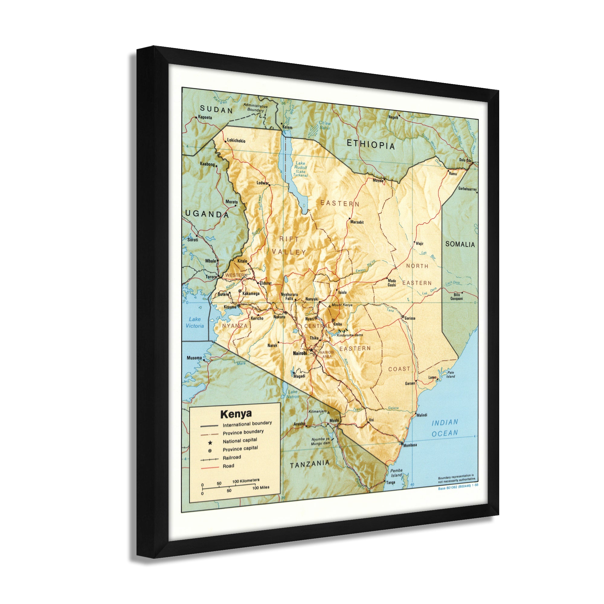 1988 Kenya Map Print Framed Vintage Kenya Wall Art Map Old Kenya