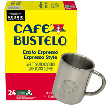 Espresso K Cups Coffee Mug Bundle with Cafe Bustelo K-Cups and Stainless Steel Coffee Mug - Single-Serve Dark Roast Estilo Espresso Style KCups for Keurig Brewers - 1 box 24 count (ct) pods