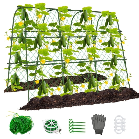 JOPESO 63"x48" Garden Trellis For Climbing Plants Outdoor, U-Shape Cucumber Trellis For Raised Bed, Metal Arch Trellis With Garden Netting For Vegetables Tomato Pea Zucchini Squash