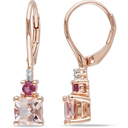 2-1/10 Carat T.G.W. Morganite, Tourmaline and Diamond-Accent Pink Rhodium-Plated Sterling Silver Dangle Earrings
