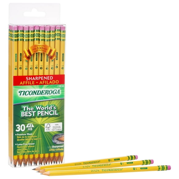 Dixon Ticonderoga 13830 Wood-Cased 2HB Pencils, Pre-Sharpened, Box of 30, Yellow