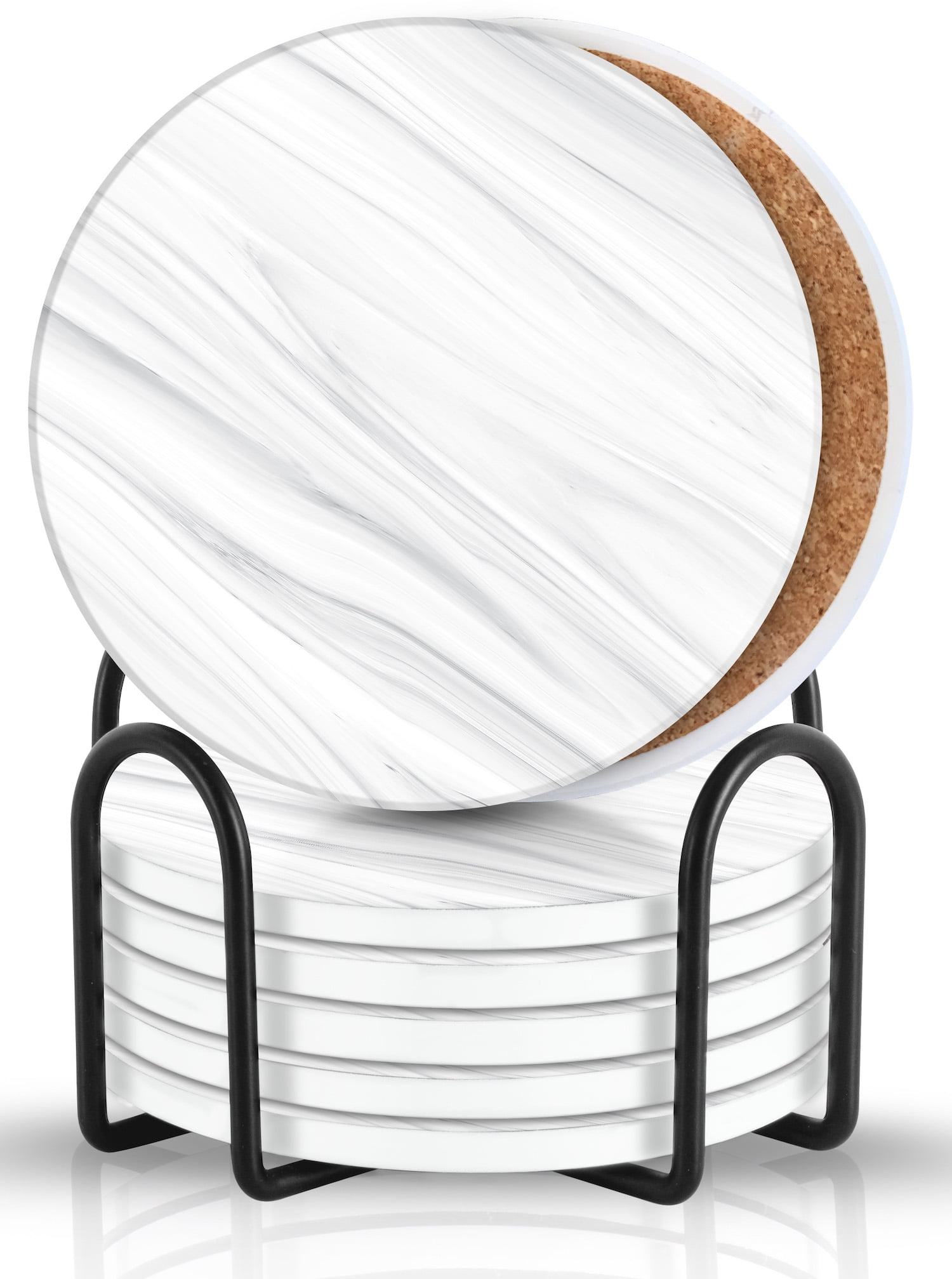 Emerson Coasters Set of 6 with Holder, Drink Coasters, Cork Backed Absorbent Ceramic Coasters