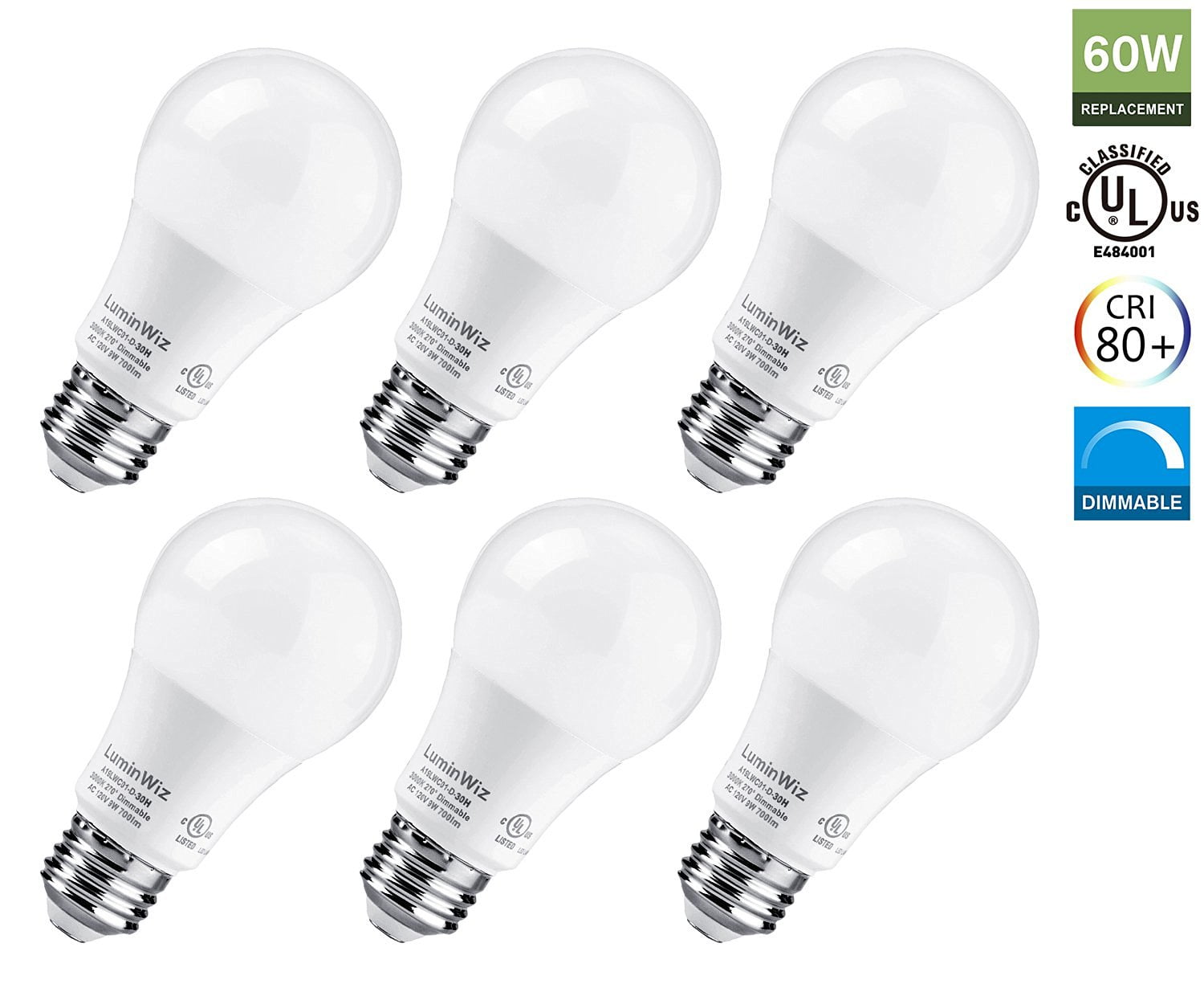 LuminWiz 9W 3000K 700lm A19 LED Bulb UL-Listed LED Light Bulbs 60W Equivalent,E26 Base,Energy Star,Soft White,6-Pack -