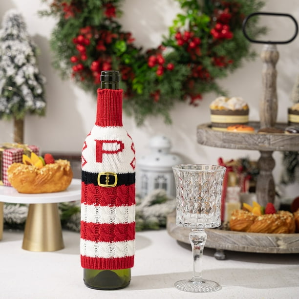 Funda de botella de vino con alfabeto tejido - Decoración DIY a rayas rojas y blancas - 26 letras - Decoración de mesa navideña