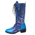 thumbnail image 5 of Rokment Womens Bling Sequin Patchwork Knee High Combat Boots Retro Leather Pointed Toe Chunky Low Heels Mid Calf Riding Dress Long Booties, 5 of 8