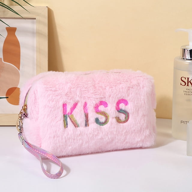 Plush Makeup Bag Portable Travel Toiletry Bag Hand-held Cosmetic Storage Bag with Smooth Zipper