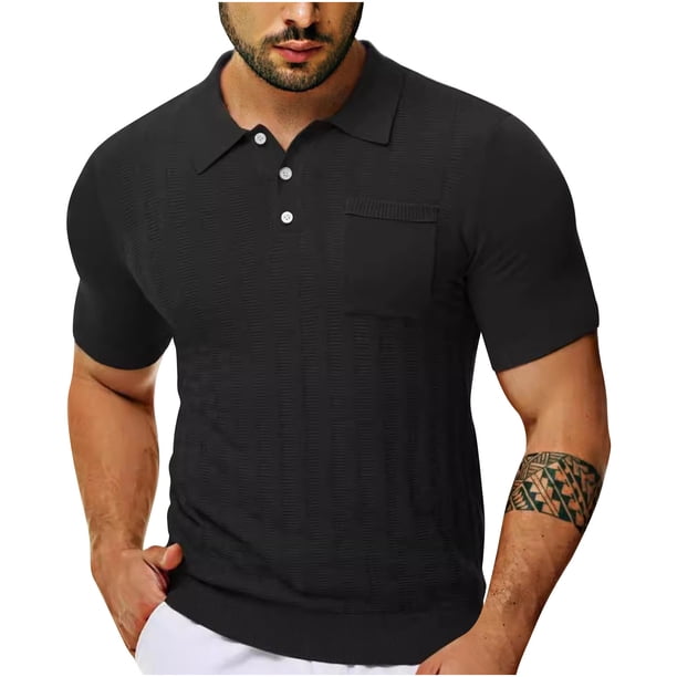 Blusa de Manga Corta de los Hombres Turndown Collar Botón Superior, Ligero Y Casual Mangas de Mano para los Hombres