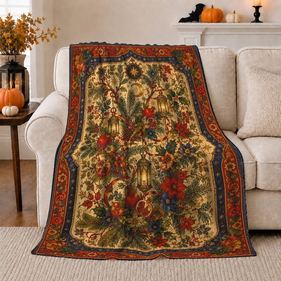 Festive Lanterns with Pomegranates and Winter Florals, Warm Flannel Blanket for Seasonal Art Lovers, Vintage Home Decor for Living Room and Bedroom, Christmas Gift