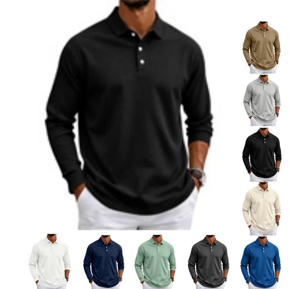 LWavelet Men's Polo Shirt Long Sleeve Collared Golf Shirts Quick Dry Lightweight 3-Button Performance Work Fishing Athletic Tops