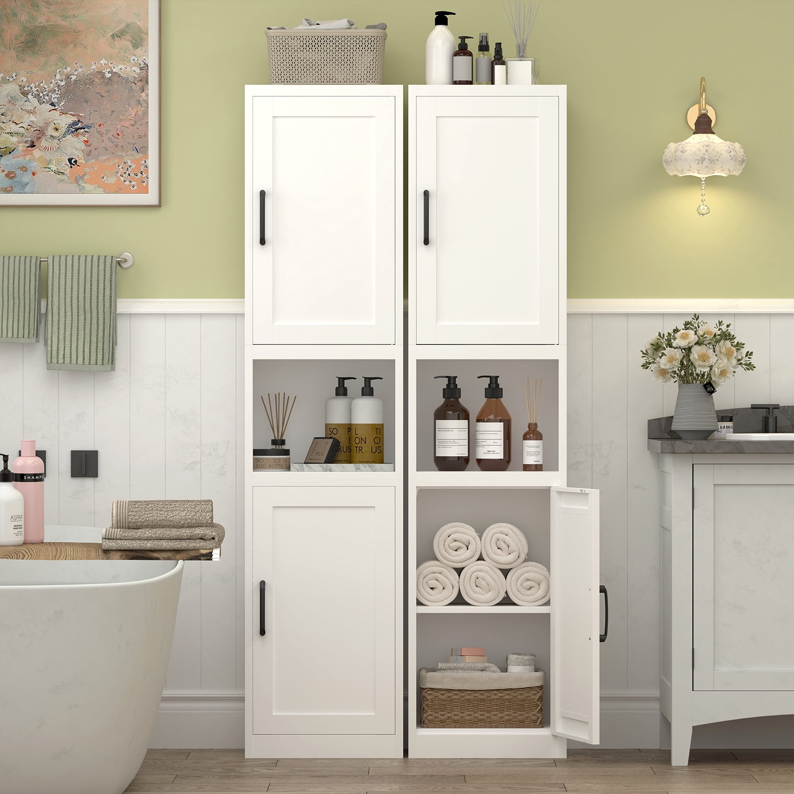 Marcree 67" Tall Bathroom Storage Cabinet, Metal Narrow Storage Cabinet with 2 Doors & 6 Shelves, Slim Skinny Cabinet for Linen, Pantry, Kitchen, Living Room & Home Office, White