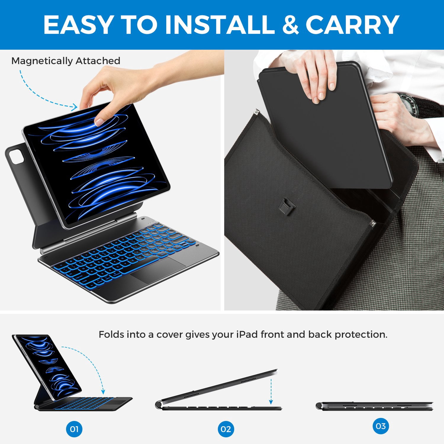 typecase Case With Keyboard for iPad Air 11-inch (M4/M3/M2, 2026/2025/2024), Trackpad, 11 Colors Backlit, Magic Wireless Keyboard for iPad Pro 11", Air 5/4, Black