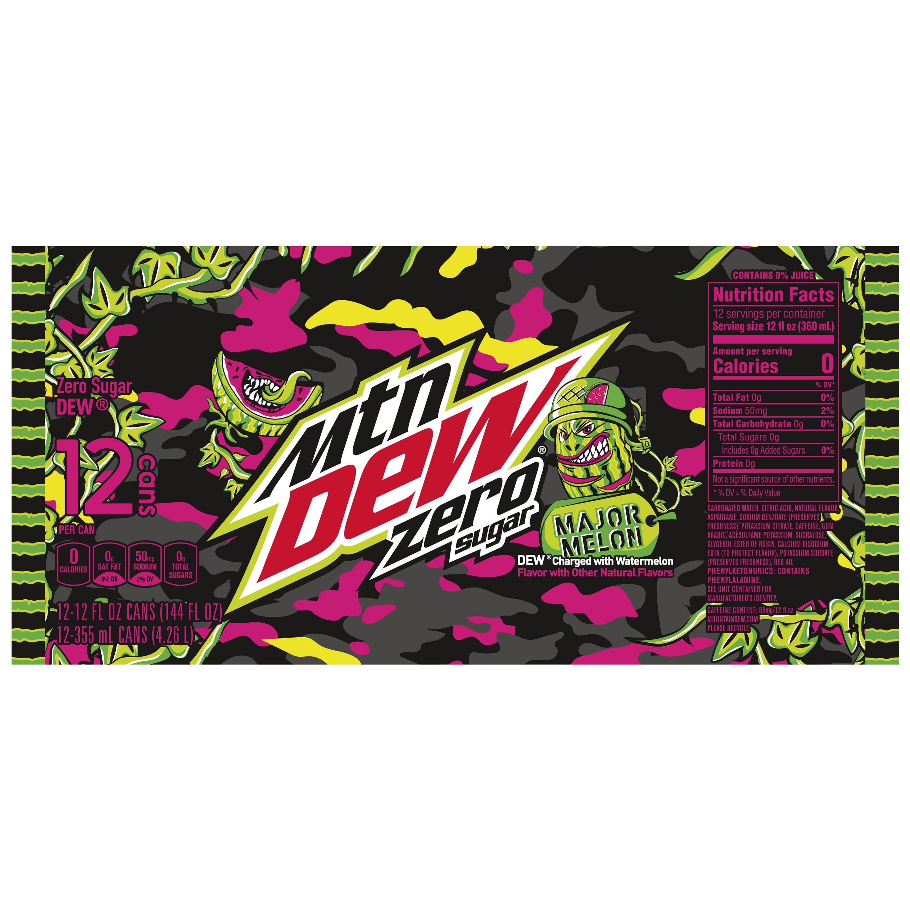 Mtn Dew Zero Sugar Major Melon Dew Charged With Watermelon Flavor 12 Fl