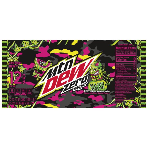 Mtn Dew Zero Sugar Major Melon Dew Charged With Watermelon Flavor 12 Fl