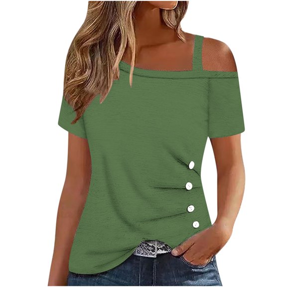 HAPIMO Women's Trendy Loose Tops Tunic Clearance for Teen Girls Short Sleeve Cold Shoulder Pullover Elegant Casual Relaxed Blouses Solid Color Pleated Button Summer Army Green XL