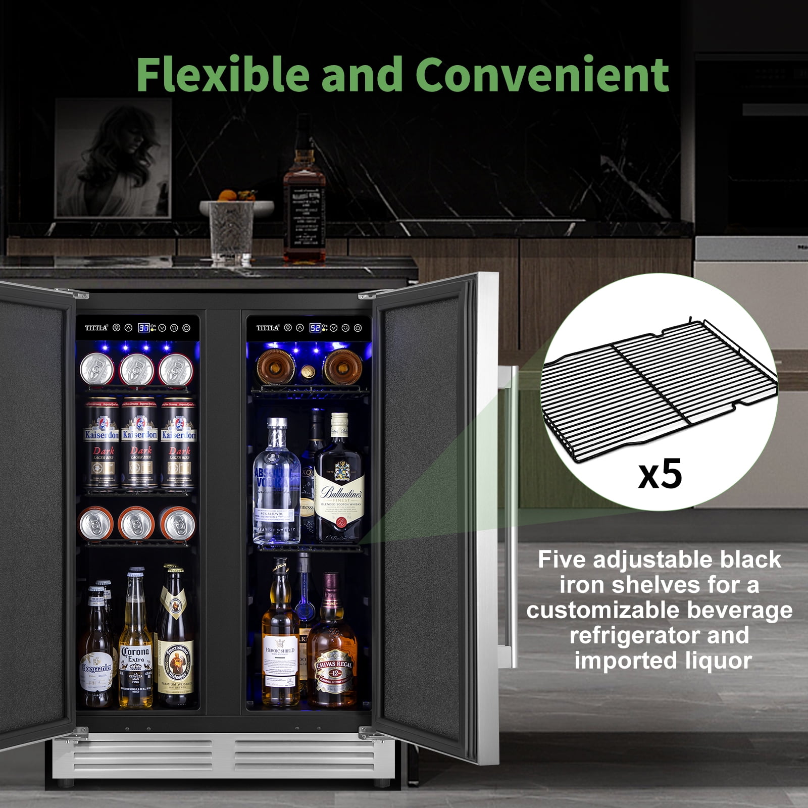 TITTLA  Beverage Refrigerator,24 Inch Wide,Dual Zone 120 Cans Built in Wine Fridge Cooler,Double Stainless Steel Doors