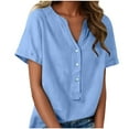 thumbnail image 3 of Women's Linen Inspired V-Neck Buttoned Half-Open Front Fashion Solid Color Short Sleeve T-Shirt Top, 3 of 9
