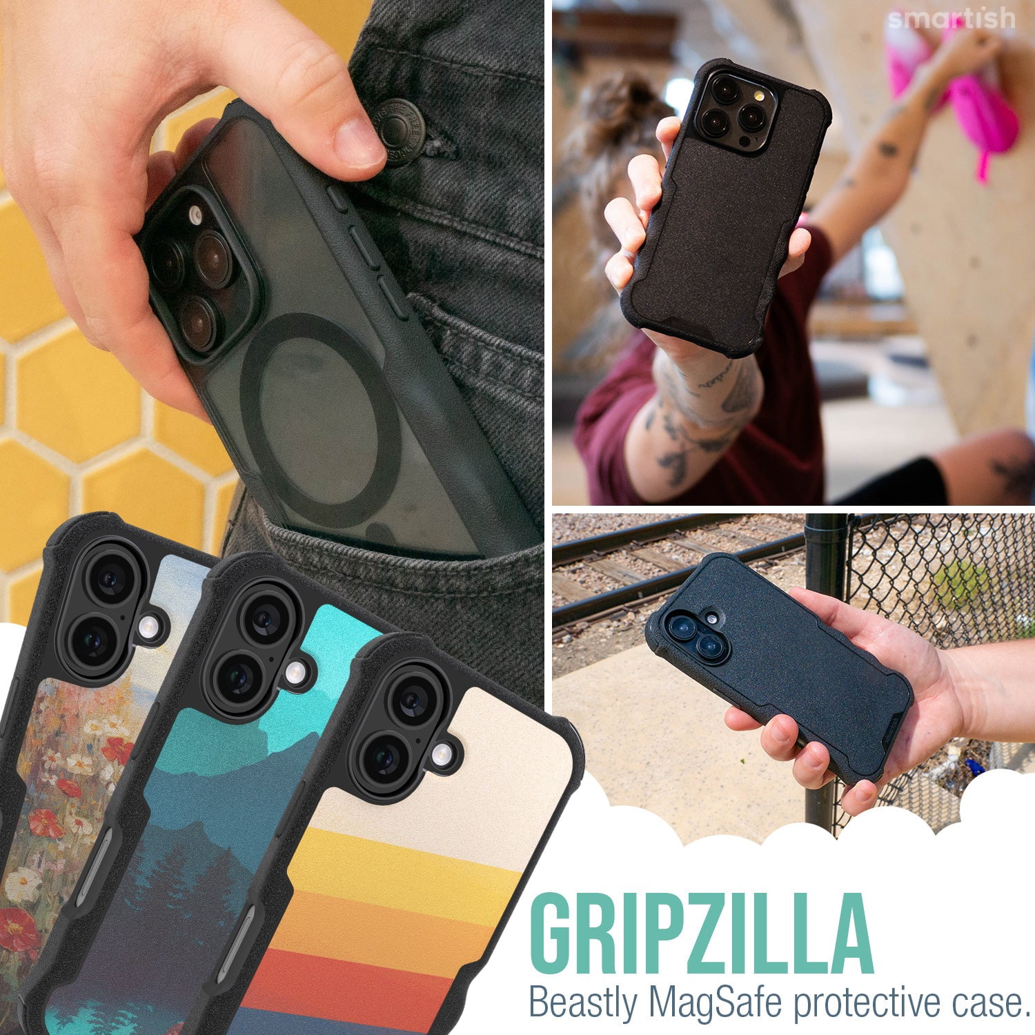 Smartish® iPhone 16 Protective Magnetic Case - Gripzilla Compatible with MagSafe [Rugged + Tough] Heavy Duty Grip Armored Slim Cover w/ Drop Tested Protection for Apple iPhone 16 - Clearly Black