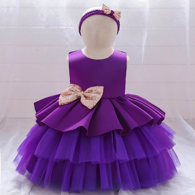 DPTALR Robe de Fête d'Anniversaire Longue pour Tout-Petites Filles en Tulle Brodé avec Strass et Nœud, Ensemble avec Bandeau
