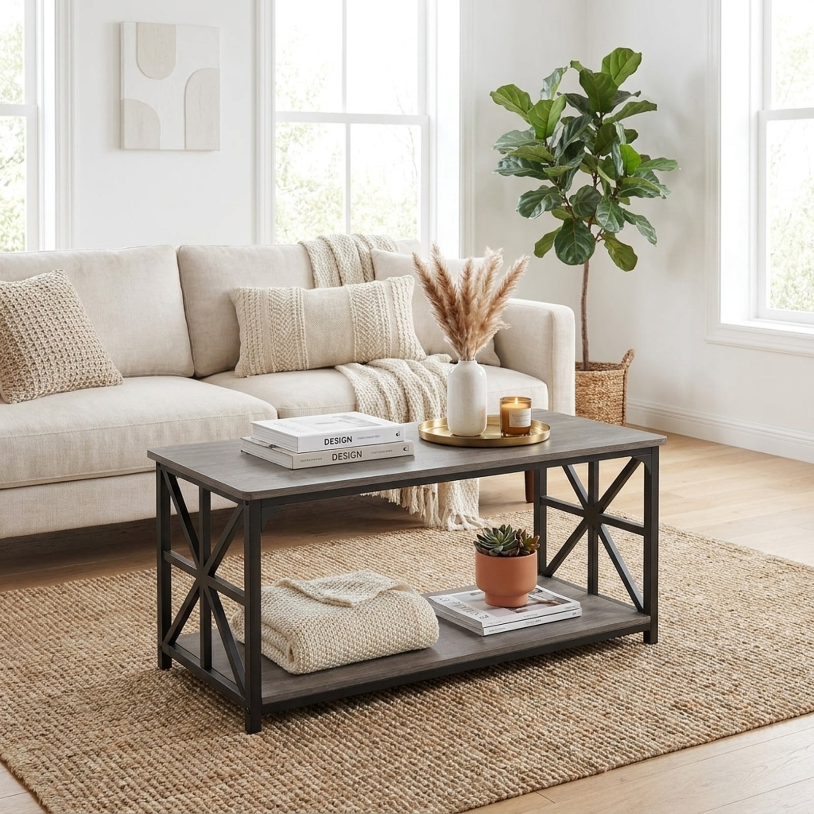 Furnibear 2-Tier Center Coffee Table with Bottom Storage Shelf and Carbon Steel X-Frame for Living Room and Home Office, Rustic, Oak