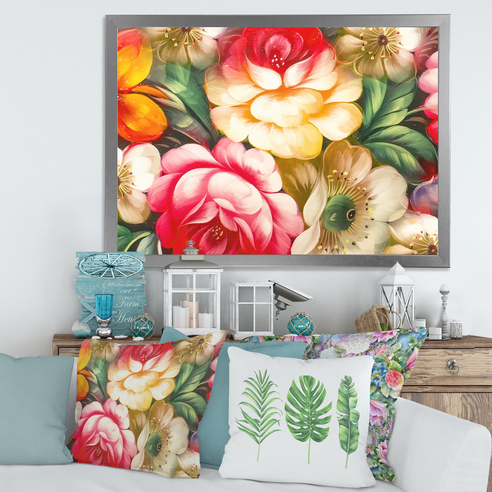 Designart 'Red and Yellow VIntage Flowers' Traditional Framed Art Print