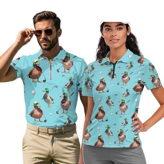 Binienty Cute Duck Golf Matching Golf Shirts with Quarter Zip for Couples Classic Fit Short Sleeve Golf Shirts for Women and Men Comfortable Tennis Tops for Workout Sports