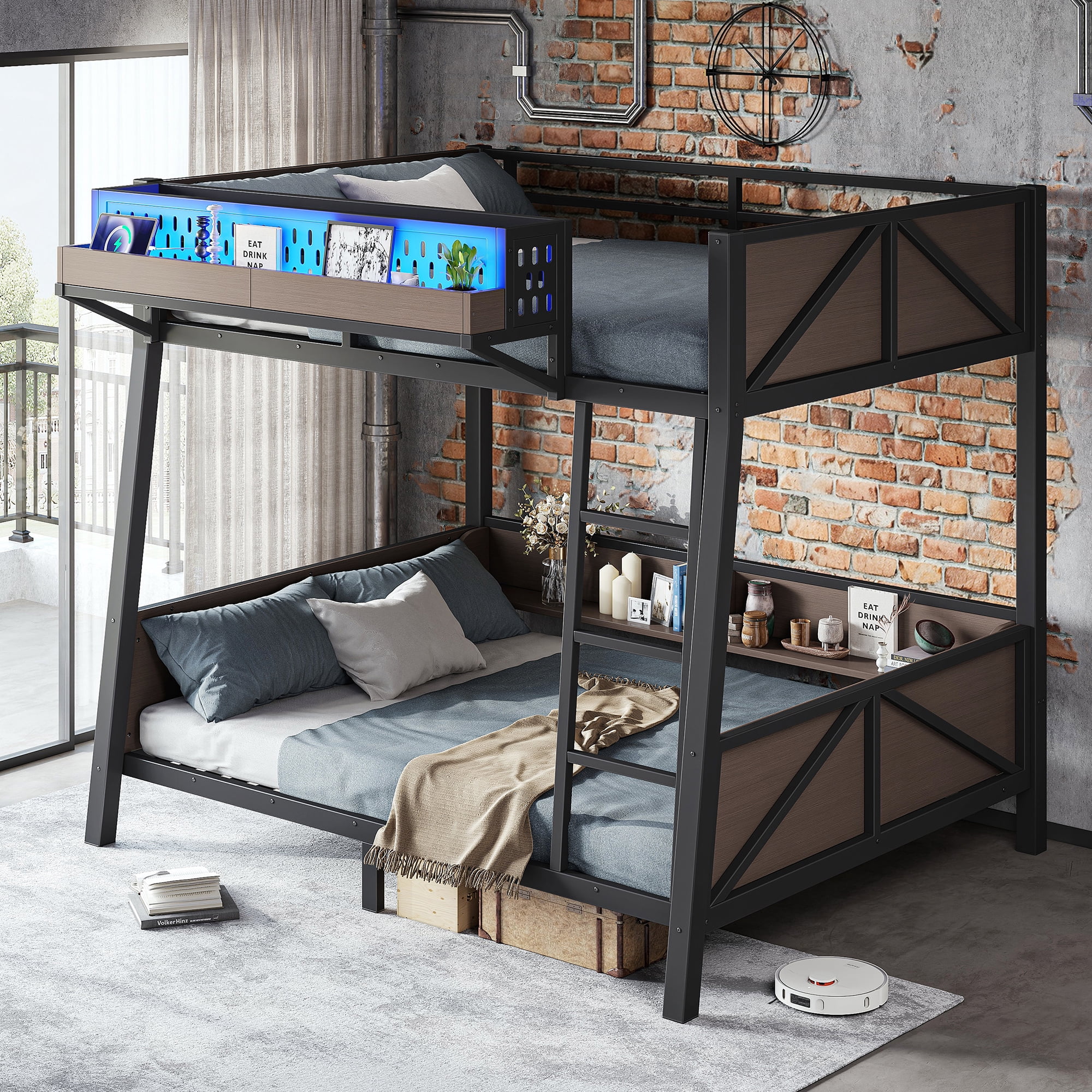 HOQBN Bunk Bed Twin Size with Storage Shelves,Metal Bunk Bed Frame with LED Light and USB Ports,Black