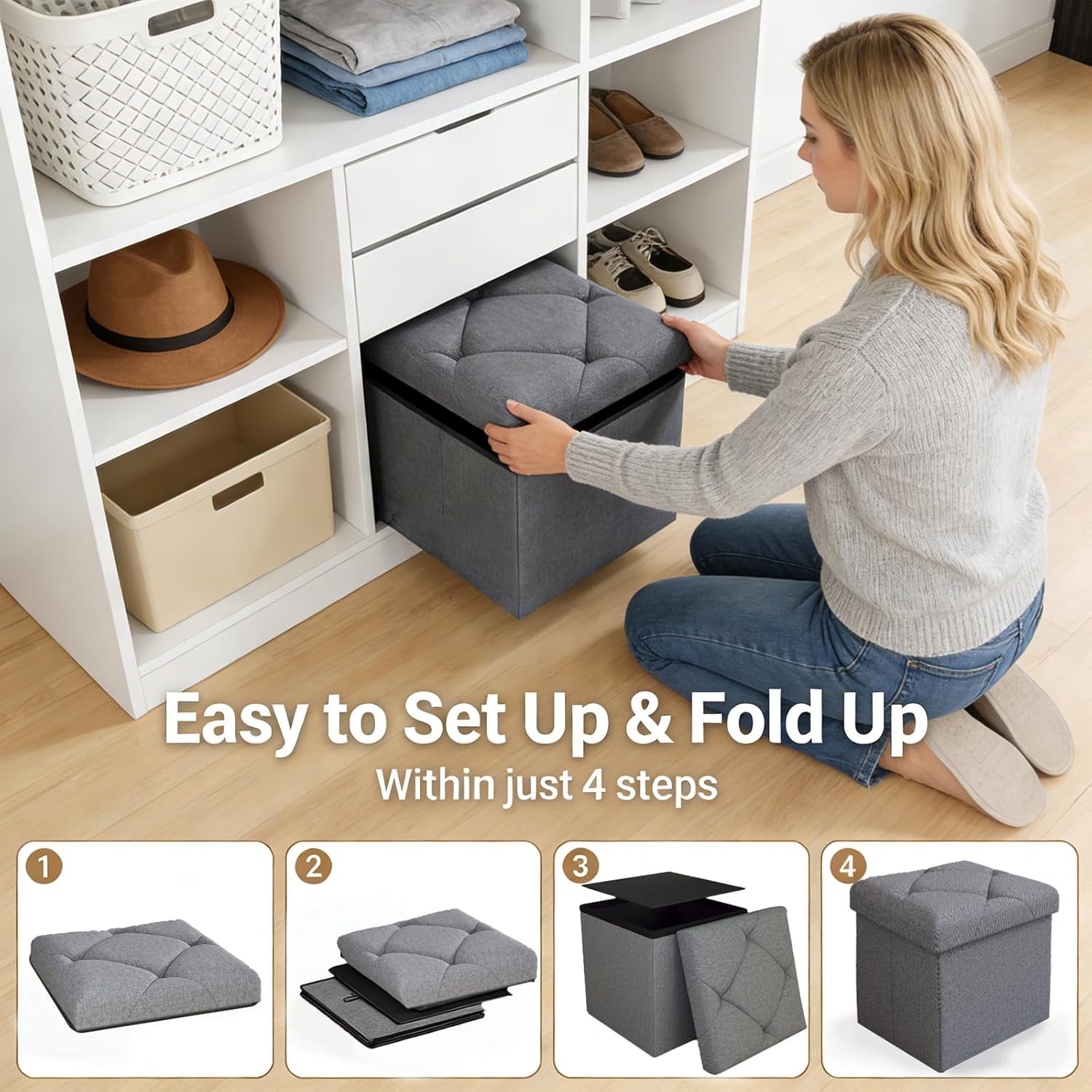 15" Foldable Storage Ottoman Bench with Bins, Padded Footrest Stool for End of Bed, Living Room and Entryway, Holds up to 350 lbs, Gray