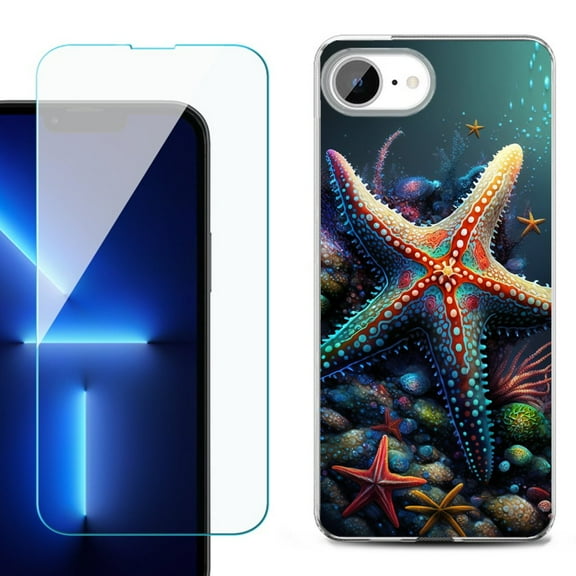 For For iPhone 16e Phone Case Cover, Shockproof Case with Tempered Glass Screen Protector, by OneToughShield - Starfish