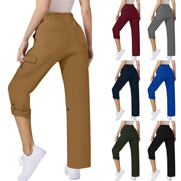 Frostluinai Women's Cargo Pants Elastic Waist Rolled Up Straight Leg Pants Solid Lightweight Joggers Casual Hiking Pants with Pocket