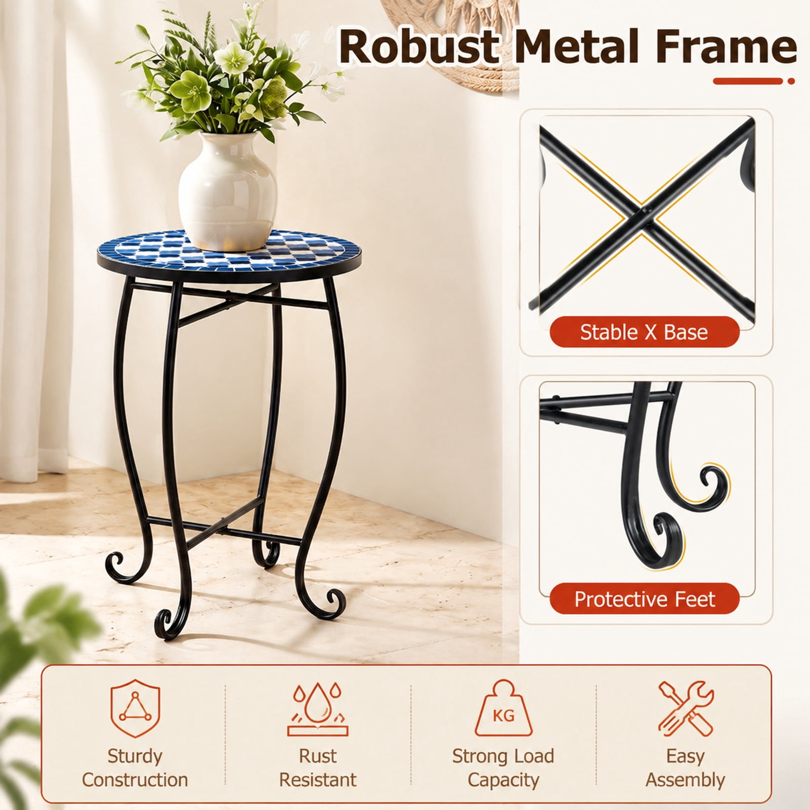 Biotree 14 Inch Metal Mosaic Accent Table, Outdoor Patio Side Table Plant Stand with Floral Clover Top and X-Frame Base for Backyard Poolside, Blue