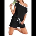 thumbnail image 2 of Conjunto de Pijama para Mujer, 2 Piezas, para Estar en Casa, con Camiseta de Corta y Pantalones Cortos, Ropa de Dormir Suave Negro XL, 2 of 7