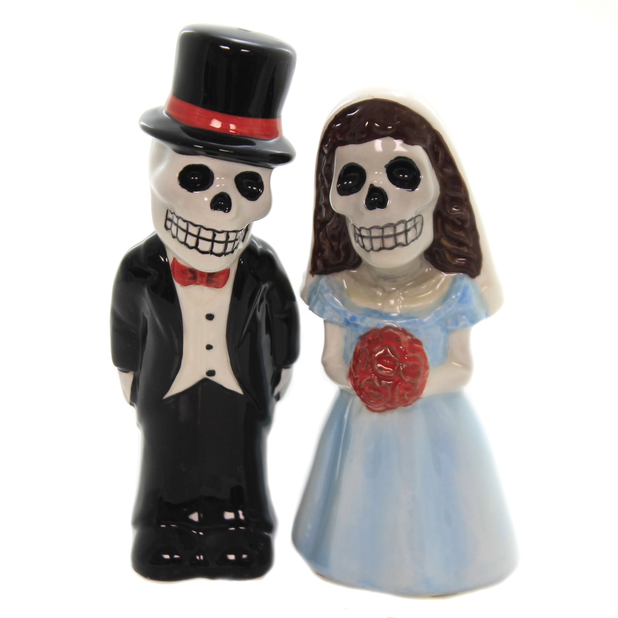 Ceramic Day Of The Dead Wedding Dancers Skeleton Couple Salt Pepper Shakers Set 