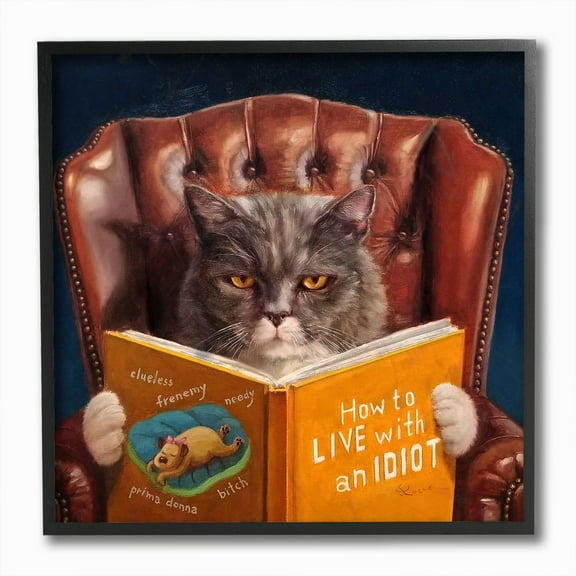 Stupell Industries Angry Cat Reading Dog Book Feline Pet Humor Framed Wall Art Design by Lucia Heffernan, 12" x 12", Black Framed