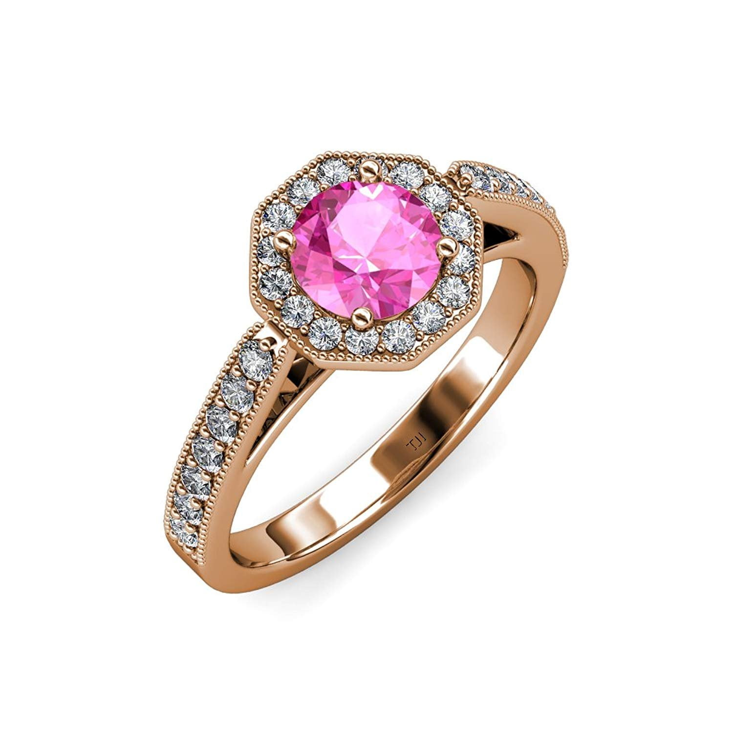Pink Sapphire and Diamond Halo Engagement Ring with Milgrain Work 1.05 ct tw in 14K Rose Gold.size 7.5 by TriJewels