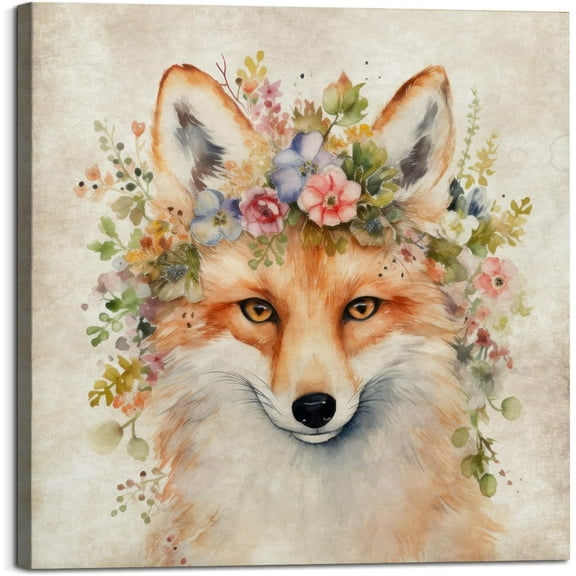Aaheei Fox Portrait Garland Canvas Poster Cute Animal Floral Crown Nursery Wall Art Lovely Forest Animal Flower Artwork Painting Prints Living Room Bedroom Baby Room Home Decor