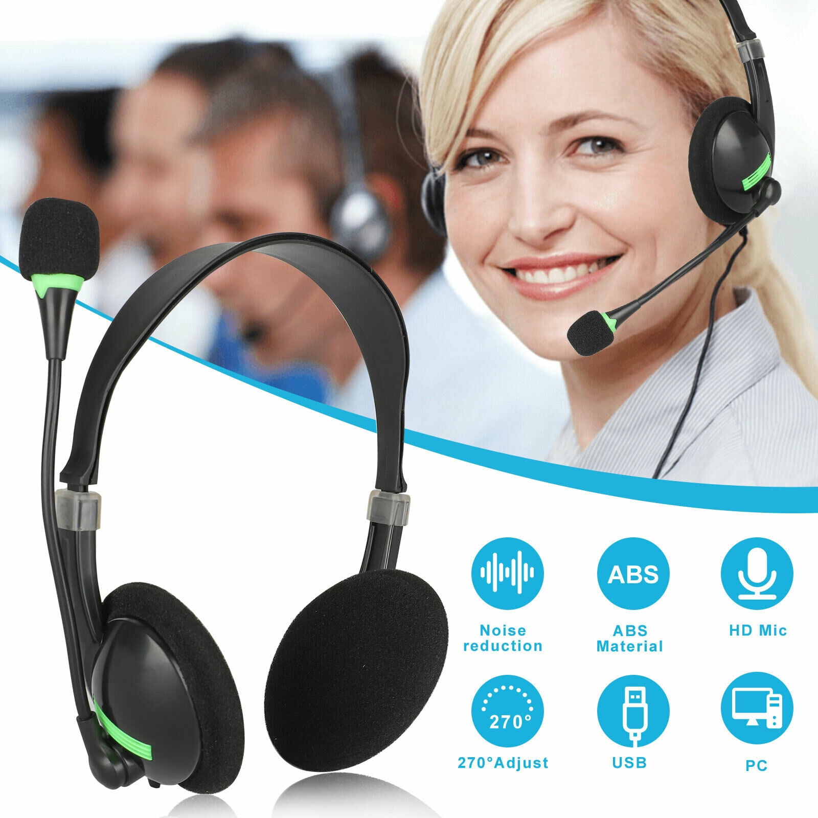 USB Headset with Microphone, Comfort-fit Office Computer Headphone, On-Ear 3.5mm Jack Call Center Headset for Cell Phone, 270 Degree Boom Mic, in-line Control with Mute for Skype, Webinar