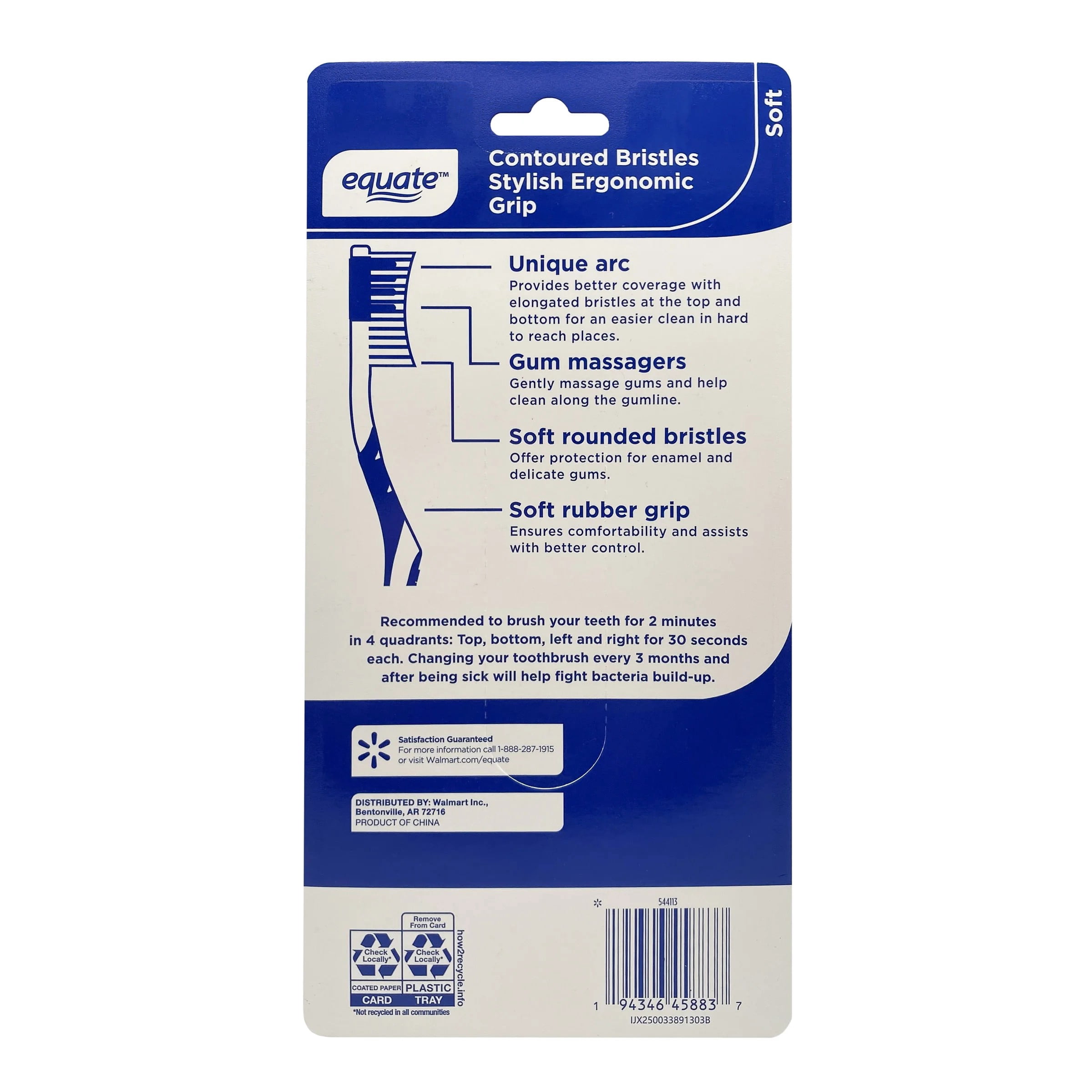 Equate Manual Toothbrushes with Contoured Bristles and Ergonomic Grip, Soft, 6 Count