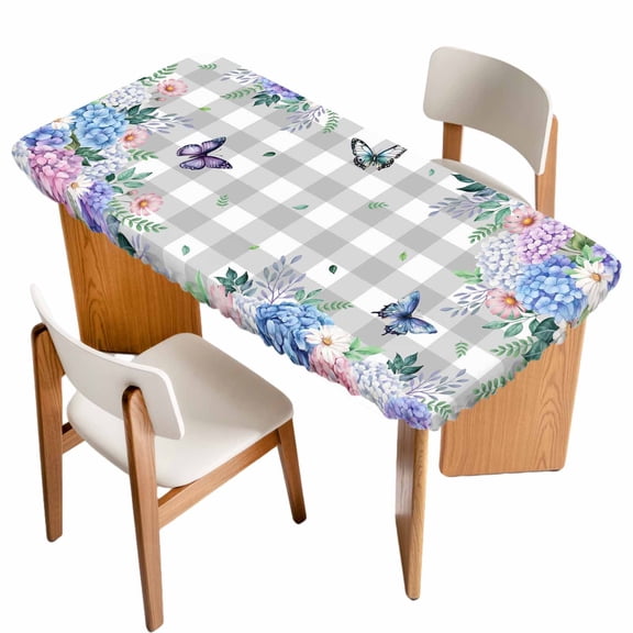 Watercolor Flowers Table Cloths for 4 Foot Rectangle Tables, Spring Butterflies Floral Gray Plaid Patio Waterproof Elastic Fitted Tablecloths, Washable Rectangular Table Cover for Camping