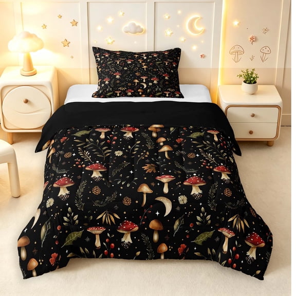 Homewish Watercolor Botanical Mushroom Twin Comforter Sets,Fungus Plant Bedding Set,Black,Black Reversible,2-Piece,1 Comforter and 1 Pillowcase