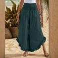 thumbnail image 6 of Mohiass Palazzo Smocked Waist Pants for Women Summer Flowy Ruffle Hem Pants Wide Leg Boho Linen Trousers Beach 2025 Pants with Pockets Dark Green M, 6 of 8