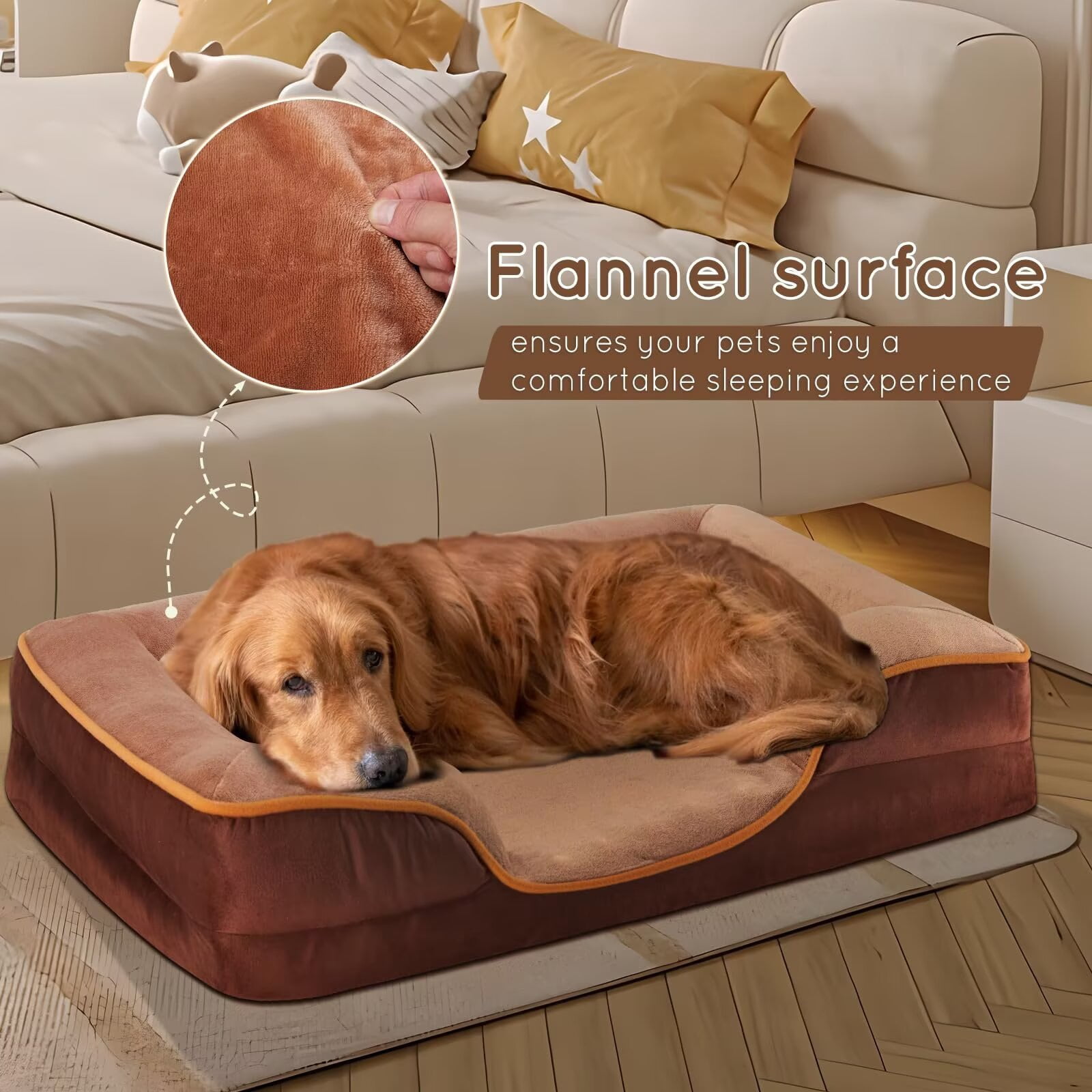 FluffyDream 35'' Orthopedic Dog Bed for Large Dog, Couch Bed with Washable Removable Cover, Brown