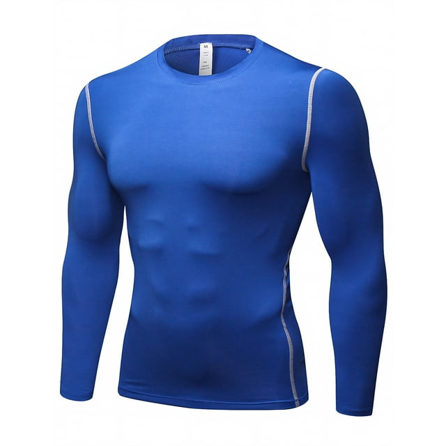 TOPTIE Men's Long Sleeve Compression Shirt, Athletic Workout Base Layer-Blue-S