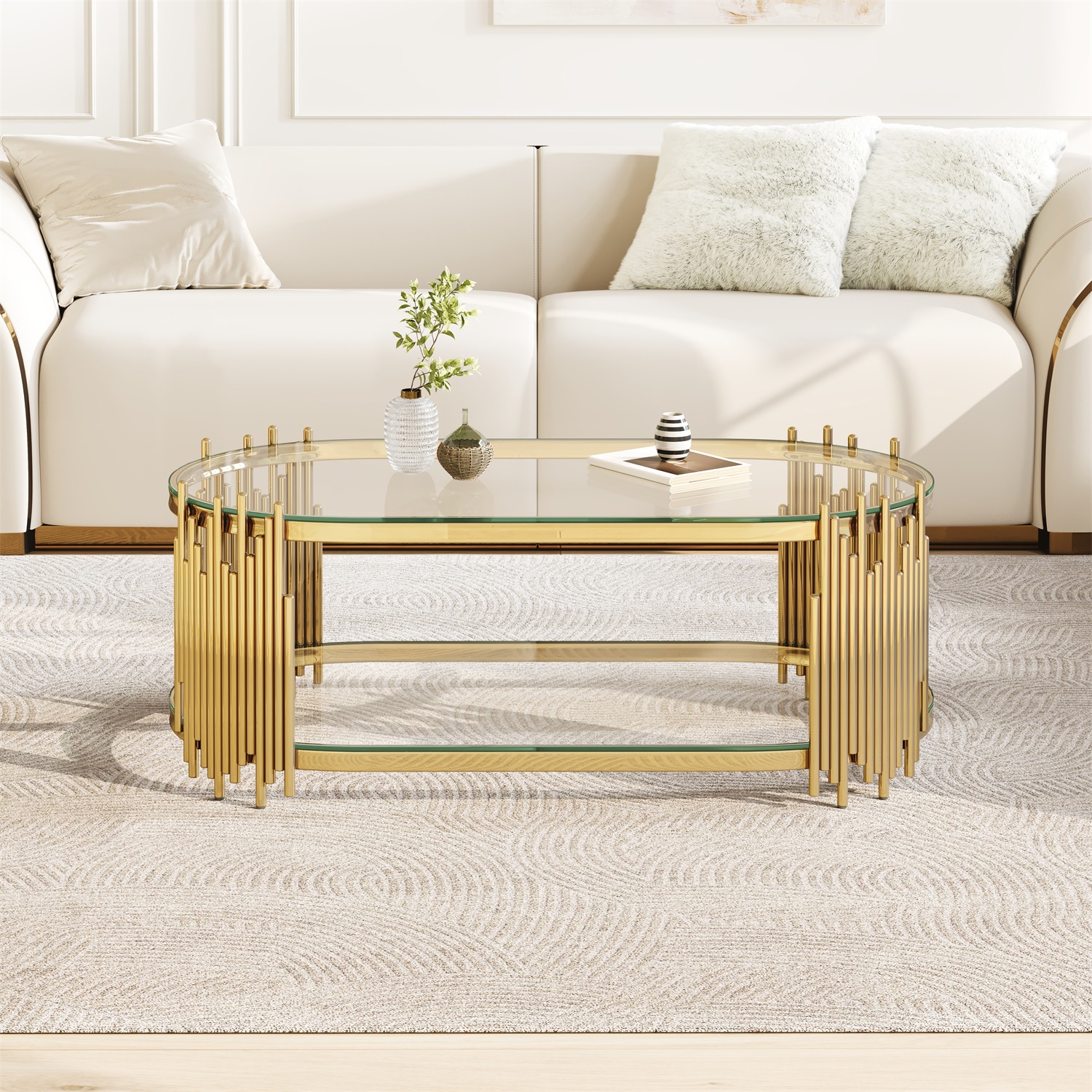 Hommoo Modern Oval Coffee Table with 2-Tier Tempered Glass Shelves, Stainless Steel Organ Pipe Base, Living Room Center Table, Gold